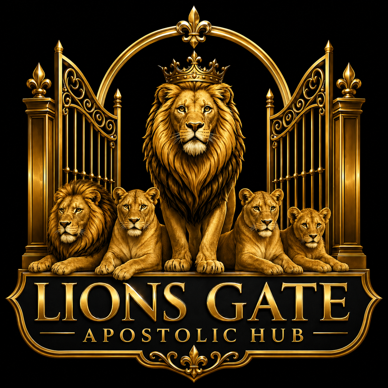 Lions Gate Apostolic Hub — crowned lion before the gate, emblem of apostolic authority