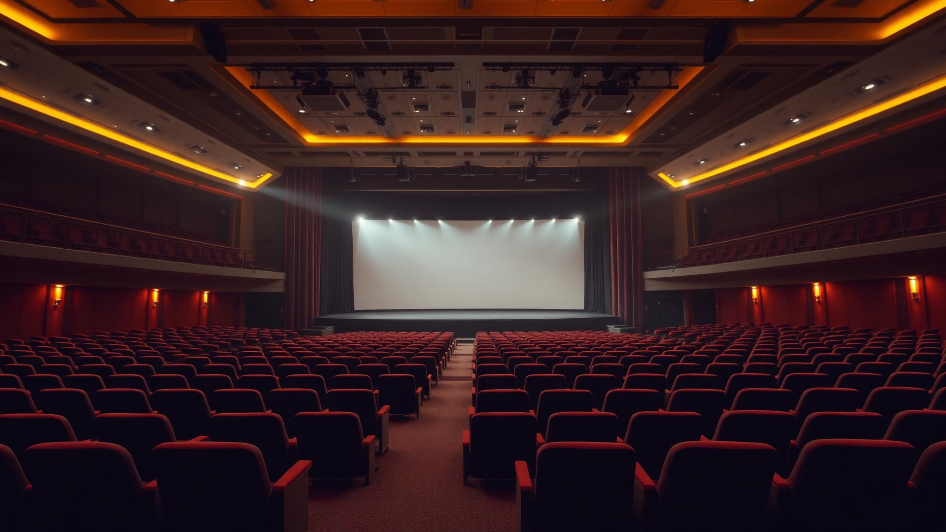 Empty gathering hall with warm gold lighting